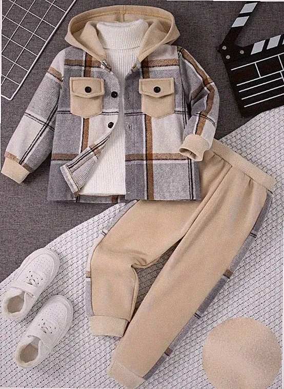 Jungen Casual Karo Hoodie & Jogginghose Set - Langarm, Knopfleiste mit Taschen