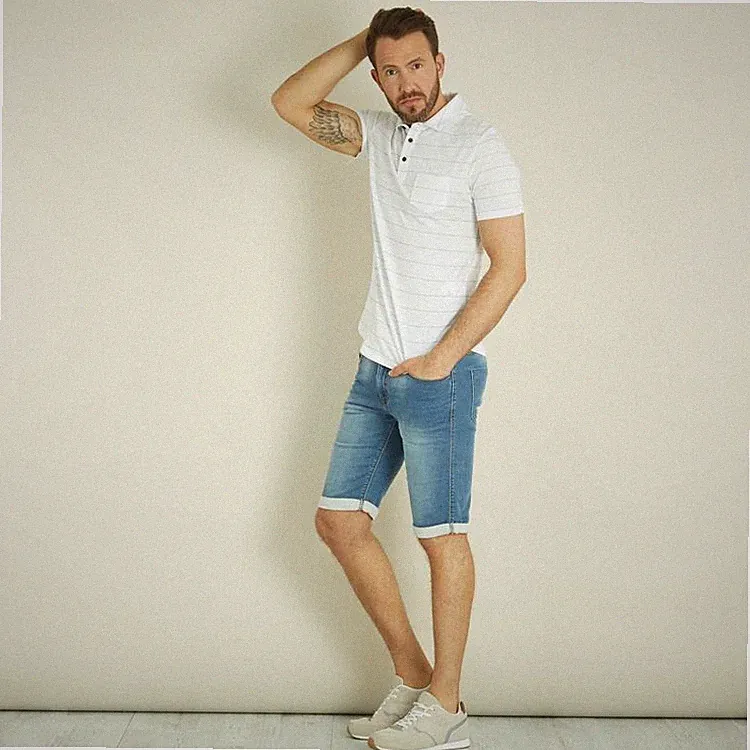 Kiabi Herren Poloshirt Slim Fit Streifen Weiß Hellblau Baumwolle Kurzarm Shirt