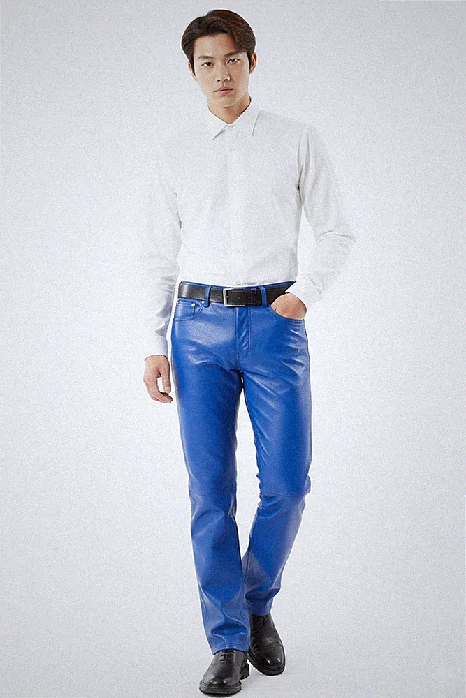 Lammfell Hochwertig Blau Herren Echt Jogginghose Wear Hose Weiches Leder