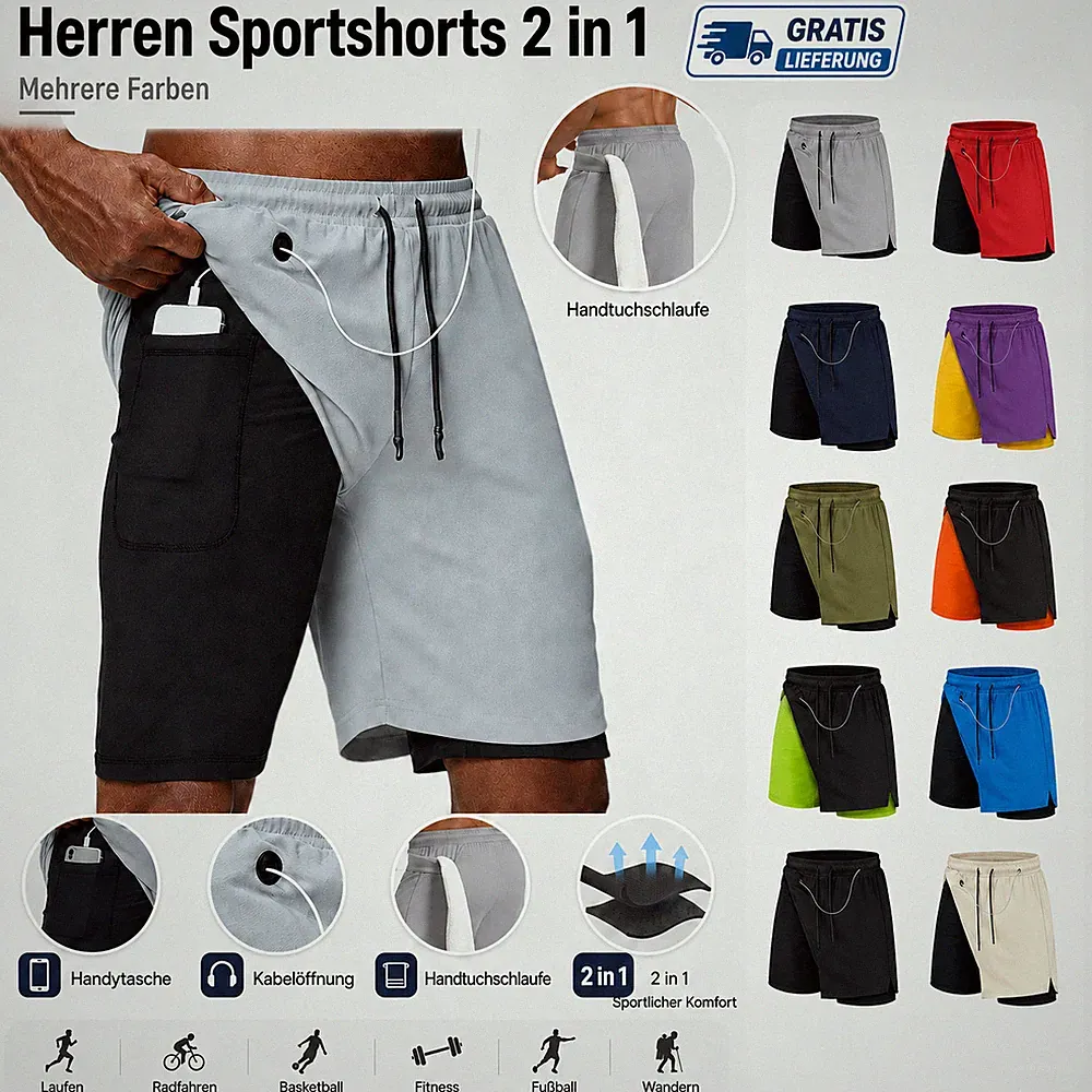 Laufshorts Herren 2in1 schnelltrocknend Sporthose Gym Training Fitness Jogging