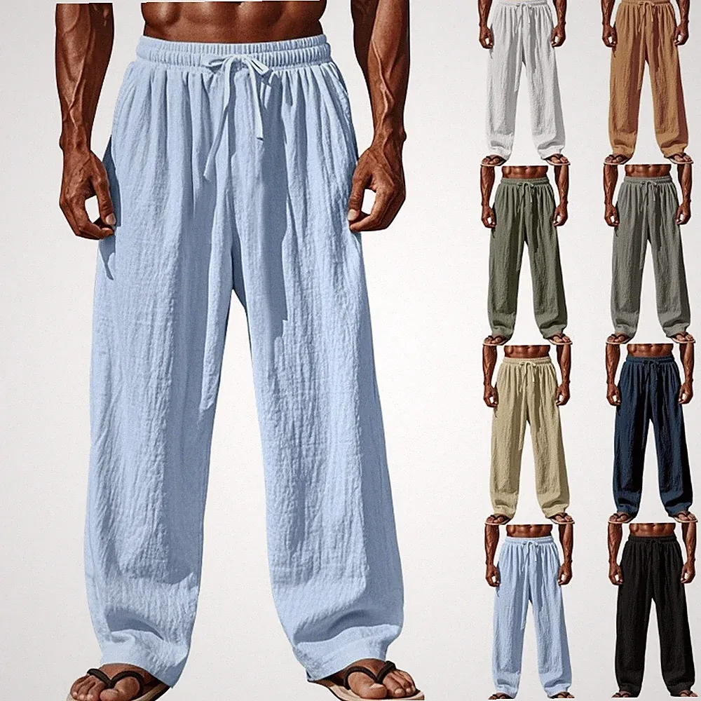Leinenhose Herren Lang Sommerhose Loose Fit Freizeithose mit Taschen Kordelzug