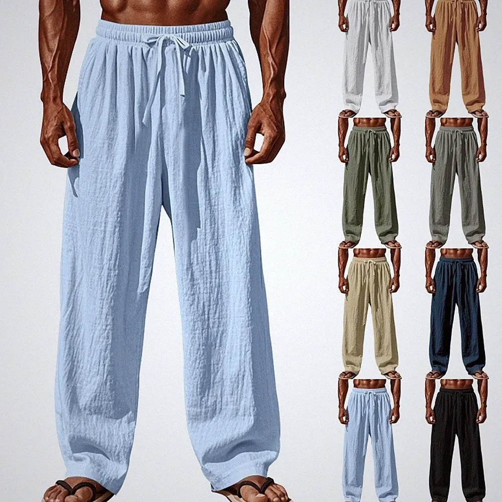 Leinenhose Herren Lang Sommerhose Loose Fit Freizeithose mit Taschen Kordelzug Q
