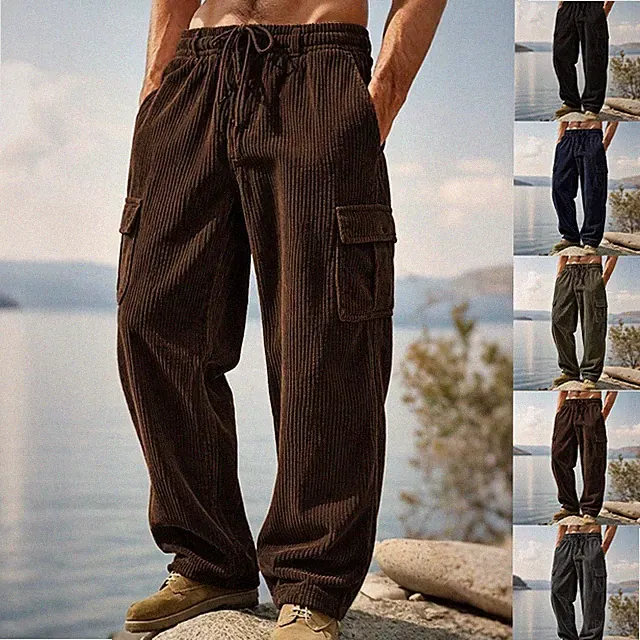 Lockere Cord Cargohose Herren gerades Bein Hose einfarbig Jogginghose