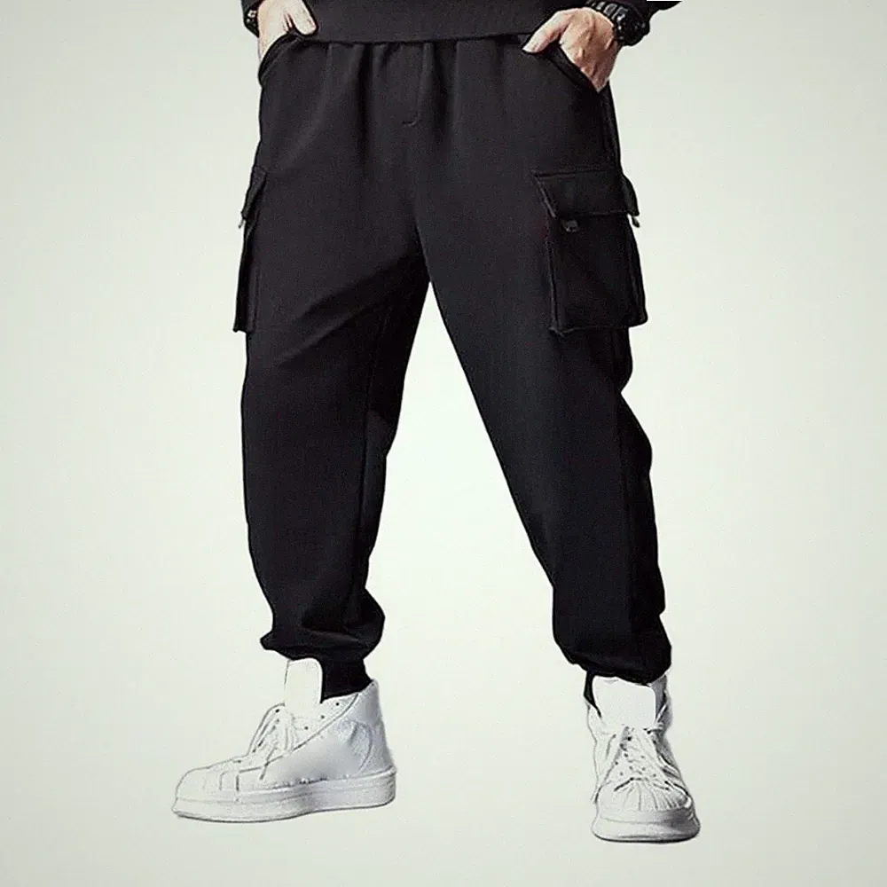 Loose Fit Herren Schwarz Jogginghose Sweatpants Paket Fuß Gummibund Cargo