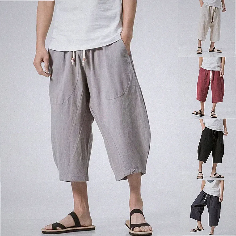 Loose Fit wadenlang Baumwolle Leinen Freizeit Herren Jogginghose Hose Haremshose