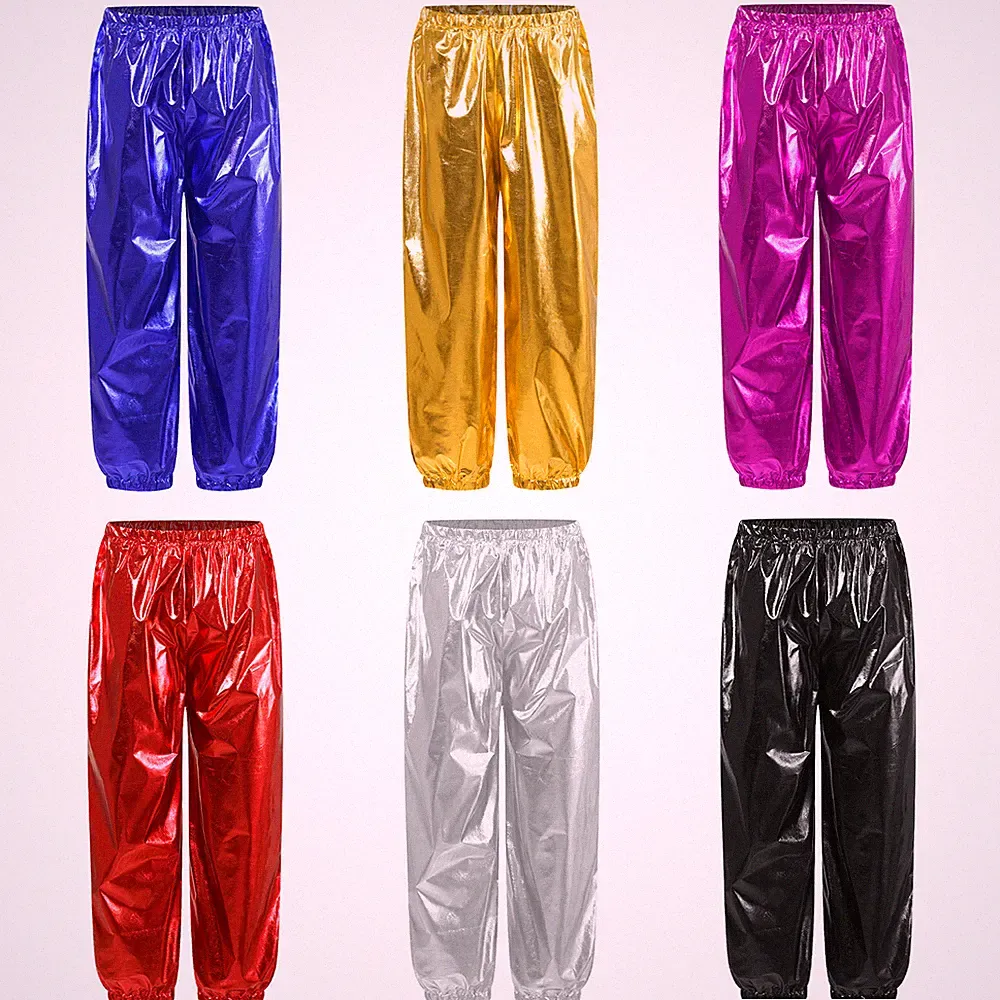 Mädchen Jungen Metallic Hose Glitzer Sporthose Elastischer Taille Jogginghose