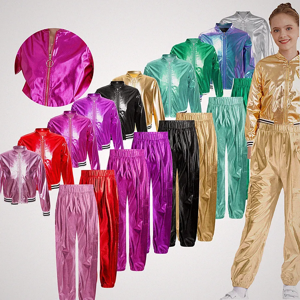 Mädchen Metallic Hip Hop Jazz Tanz Jogginganzug SportanzugJacke und Jogginghose