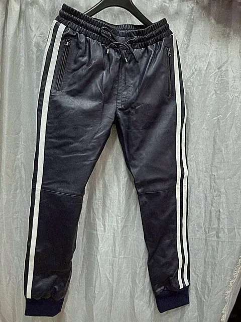 Marineblaue Leder-Jogginghose für Herren. Hose Pant aus echtem weichem Lammleder