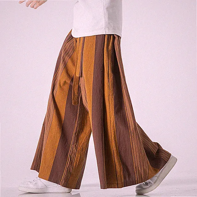 Men Kung Fu Baggy Hose Streifen Leinen Baumwolle Wide-Leg Locker Relaxed