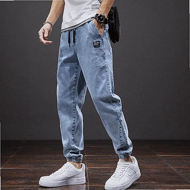 Men’s Cargo Denim Jogger Pants Loose Fit Elastic Waist Streetwear Jeans