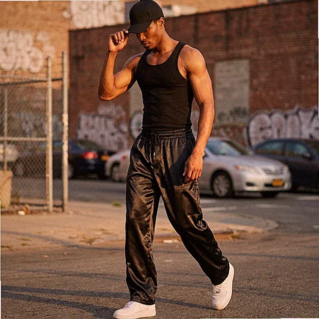 Men’s Shiny Black Satin Baggy Pants – Stylish & Trendy Sportswear