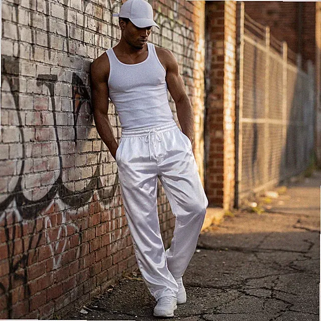 Men’s Shiny White Satin Baggy Pants – Stylish & Trendy Sportswear