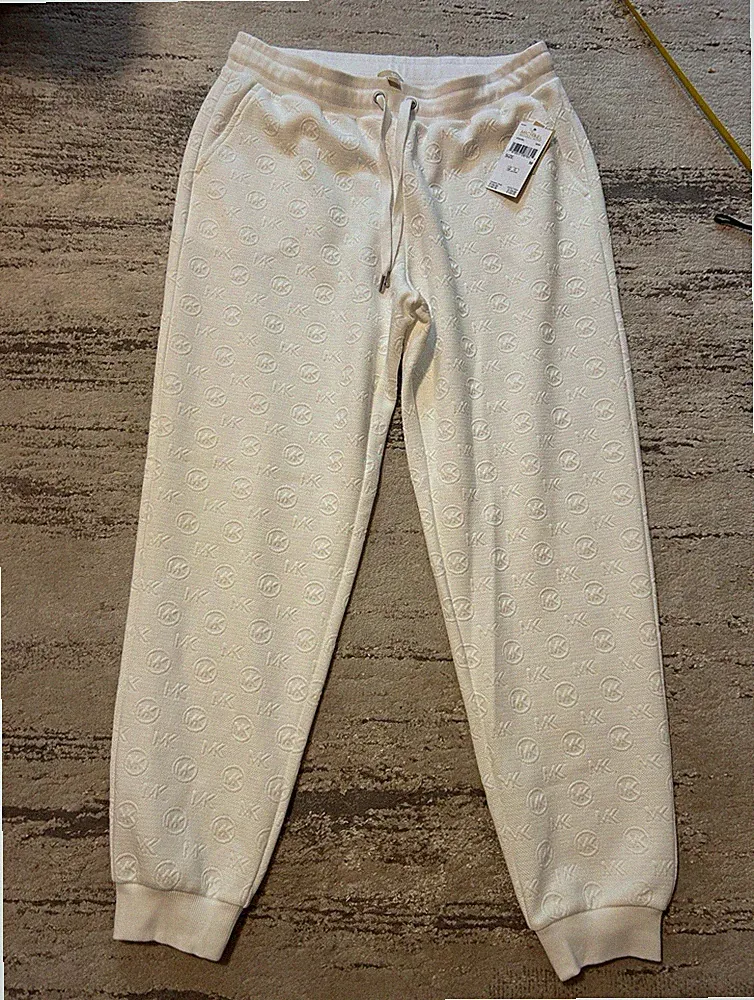 Michael Kors Damen Jogginghose Weiß M Logo-Muster Waffelstrick Tapered