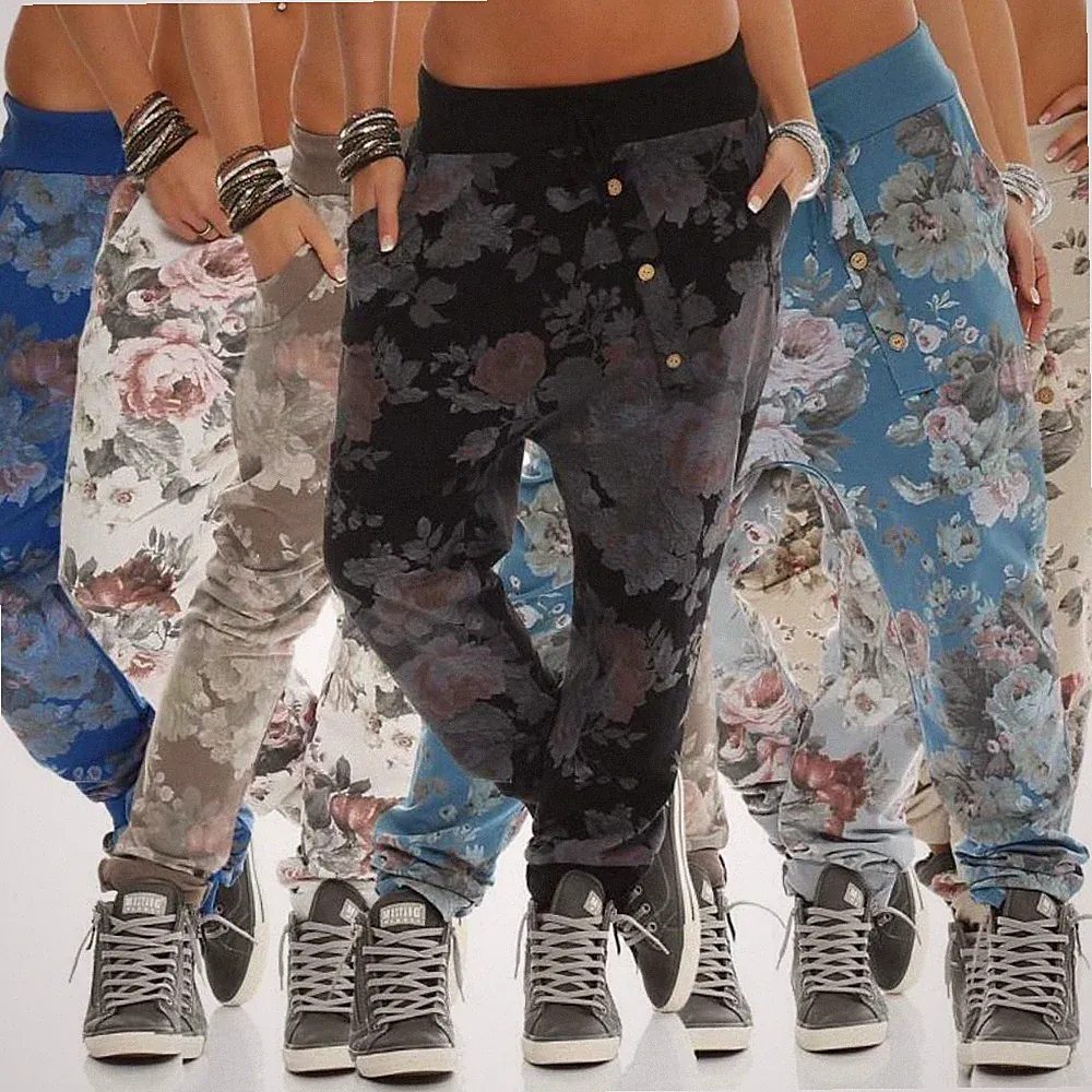 Mississhop Damen Hose Jogginghose Freizeithose Baggy Haremshose im Blumenprint