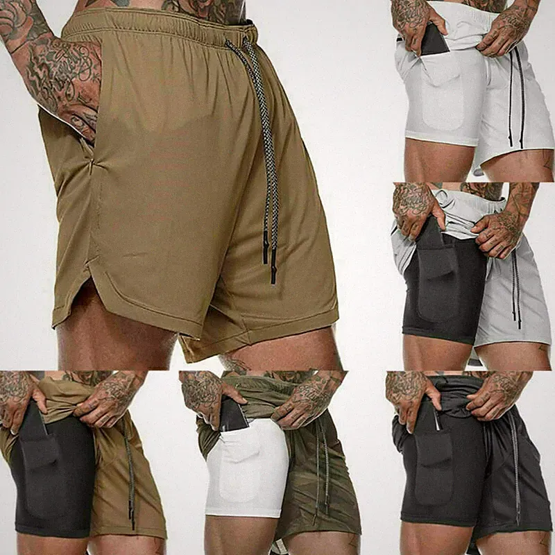 mit Handytasche Herren Freizeit2 in 1 Hosen Gym Jogger Laufshorts Sport Kurzhose
