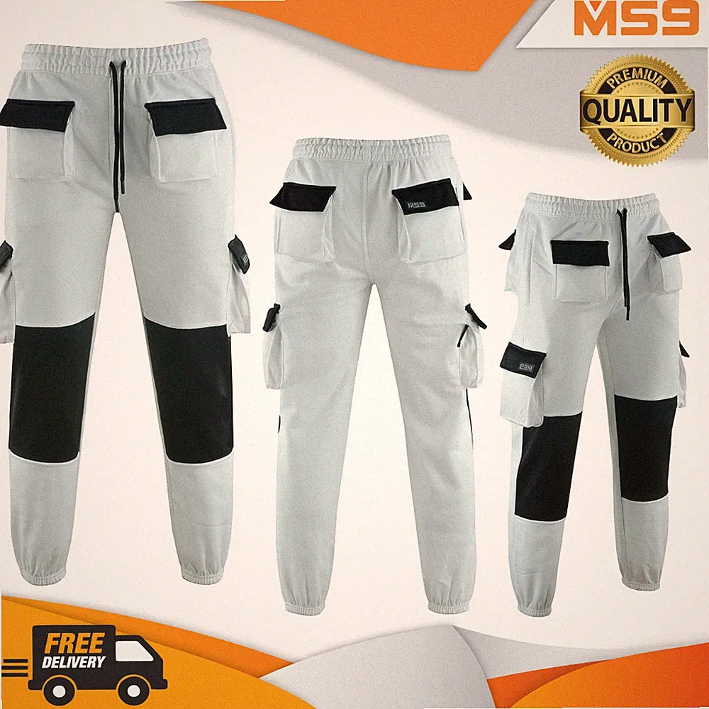 MS9 Herren Fleece Maler Dekorateure Combat Cargo Arbeitshose Jogginghose weiß