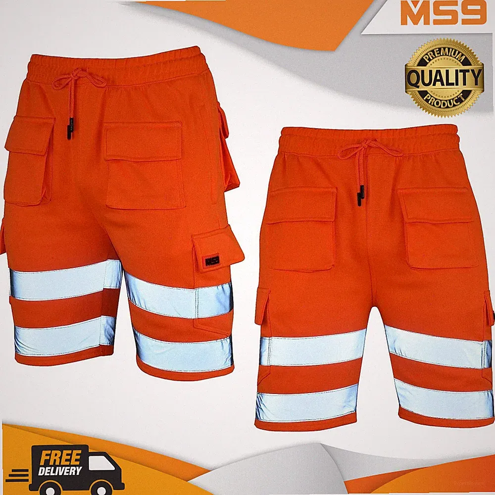 MS9 Herren Hi Viz Vis Warnschutz Shorts Fleece Cargo Arbeit Utility Jogginghose