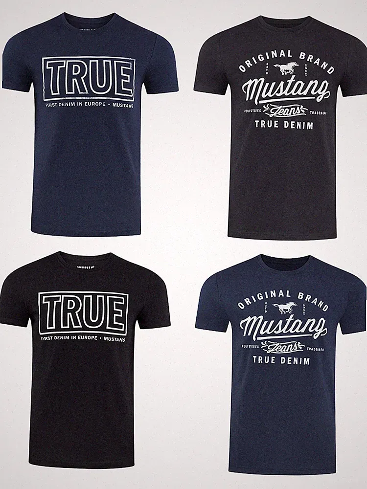 Mustang Herren 4er Pack T-Shirt Print Rundhals Kurz Blau Schwarz Grau Weiß Grün