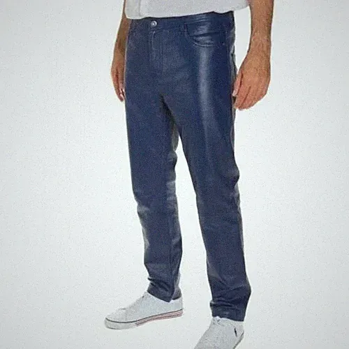Neu Herren Blau Freizeit Lederhose | Echt Lammleder Leder Biker Jeans Hose 34