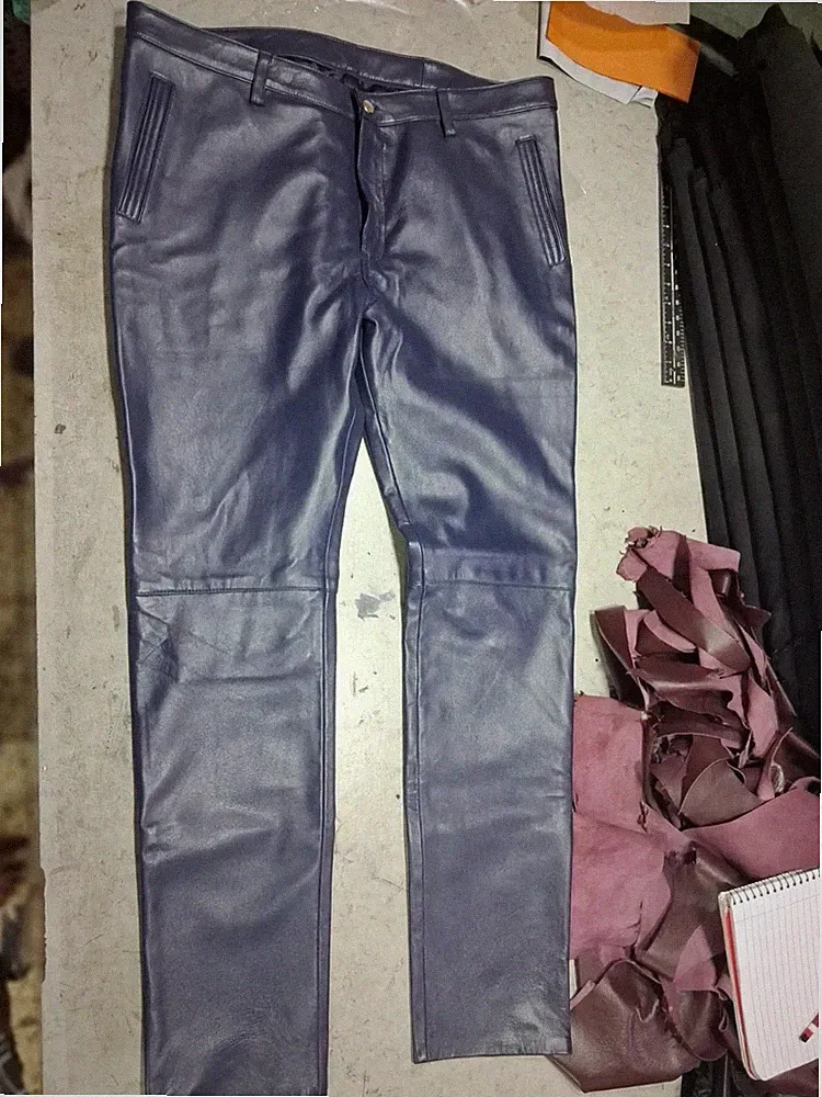 Neu Herren Blau Leder Jeans Hose | Echt Lammfell Leder Biker Sweat Pant 34