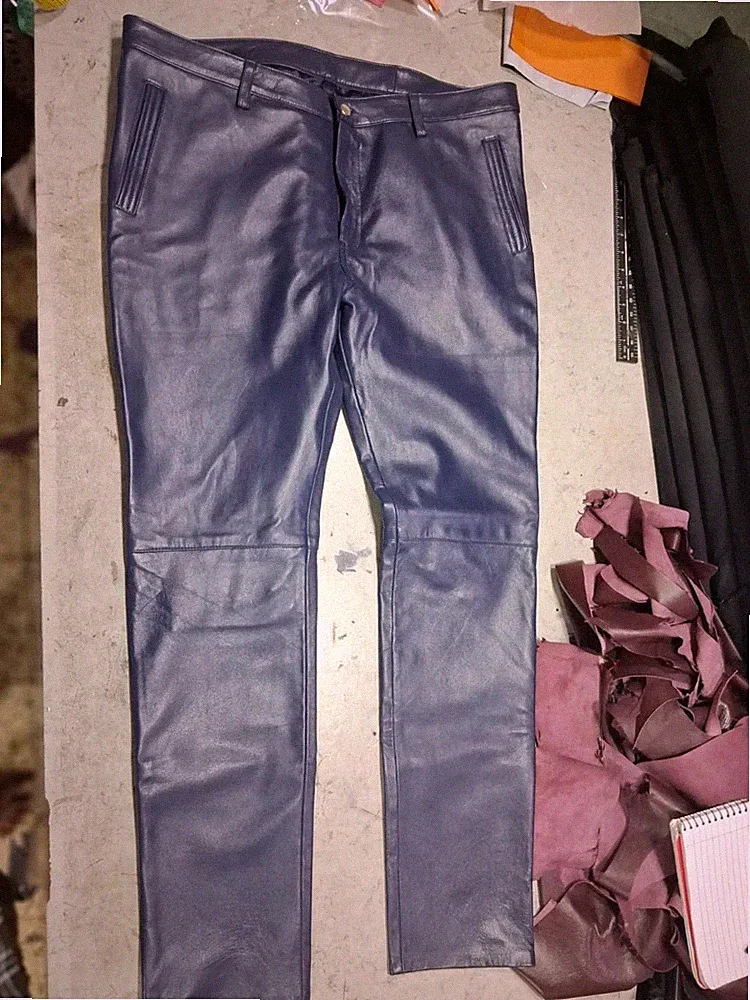 Neu Herren Blau Leder Jeans Hose | Echt Lammfell Leder Biker Sweat Pant 34