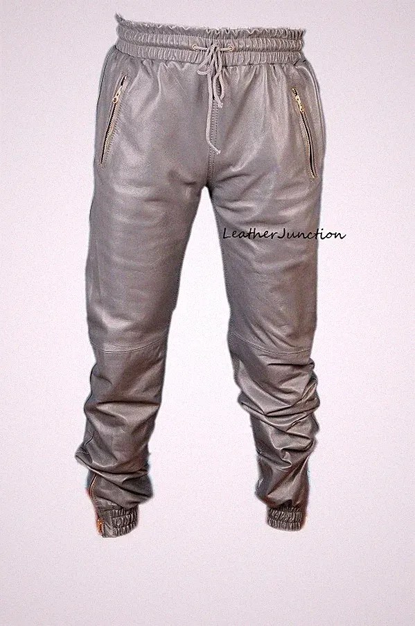 NEU Herren Grau Lammleder Leder Jogginghose Jogger Elastischer Bund Rot...