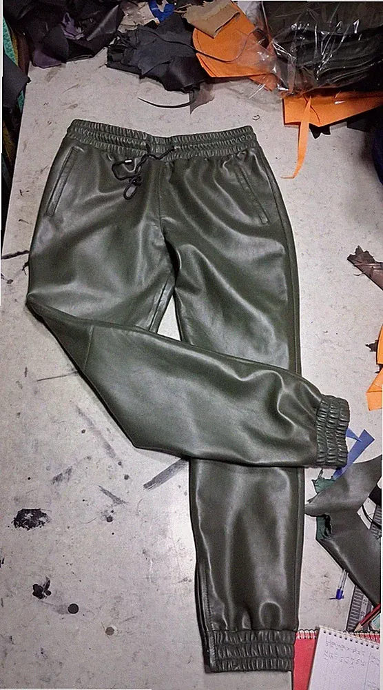 Neu Herren Leder Grün Jogginghose Echt Lammfell Leder Jogginghose Hose 34.