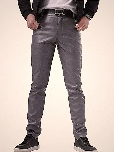 Neu Herren Premium Grau Lederhose | Echtes Weiches Lammfell Leder Biker Hose 34