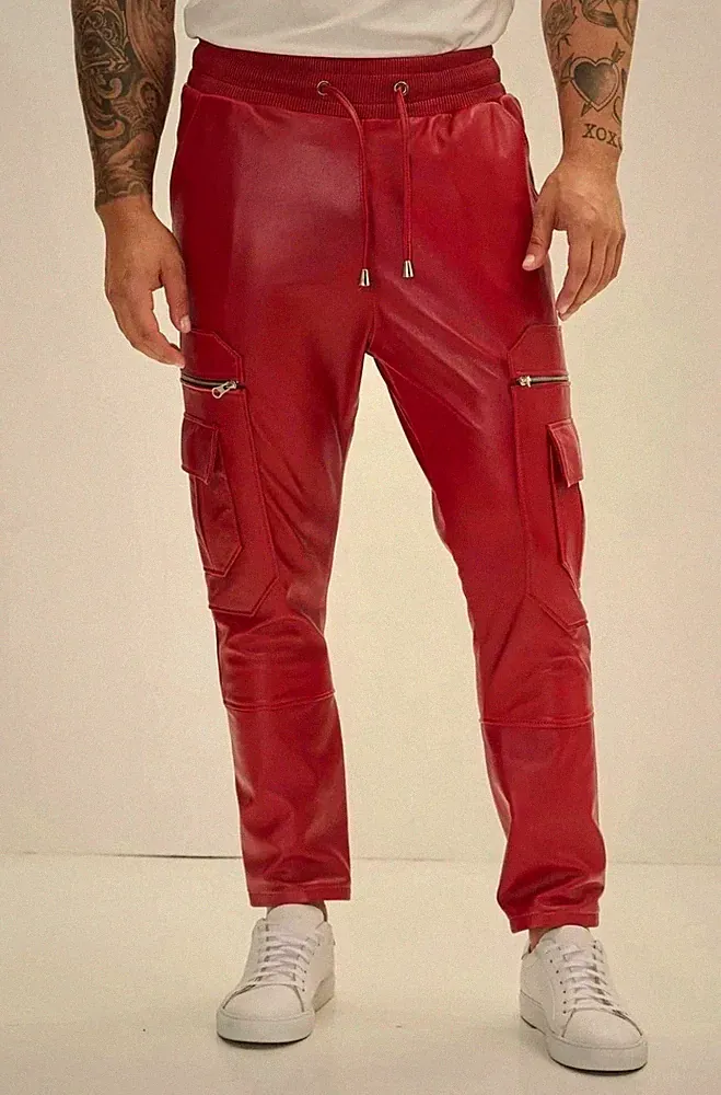 Neu Herren Rote Cargo Biker Lederhose| Echt Lammfell Leder Jogginghose Hose 34