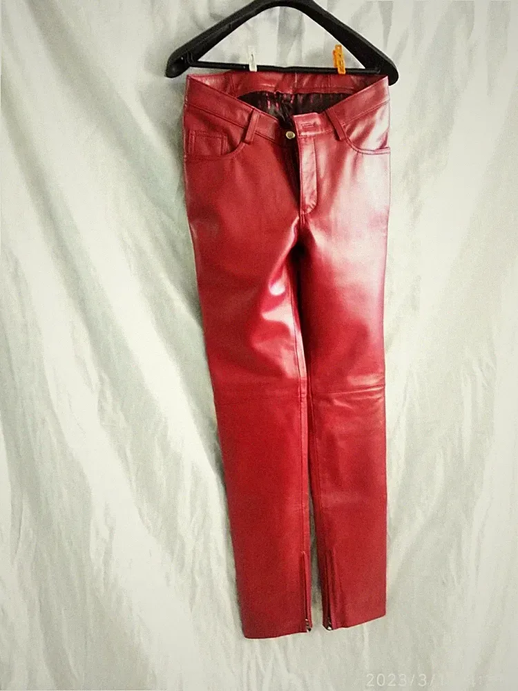 Neu Herren Rote Premium Biker Lederhose | Echtes Lammleder Leder Jeans Hose 34.