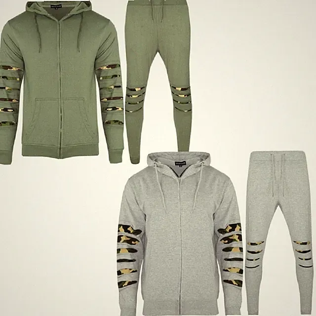 Neu Herren tarnfarben geschnitten schmale Passform Hoodie Oberteil und Joggingunterteil Fitnessstudio Trainingsanzug Set