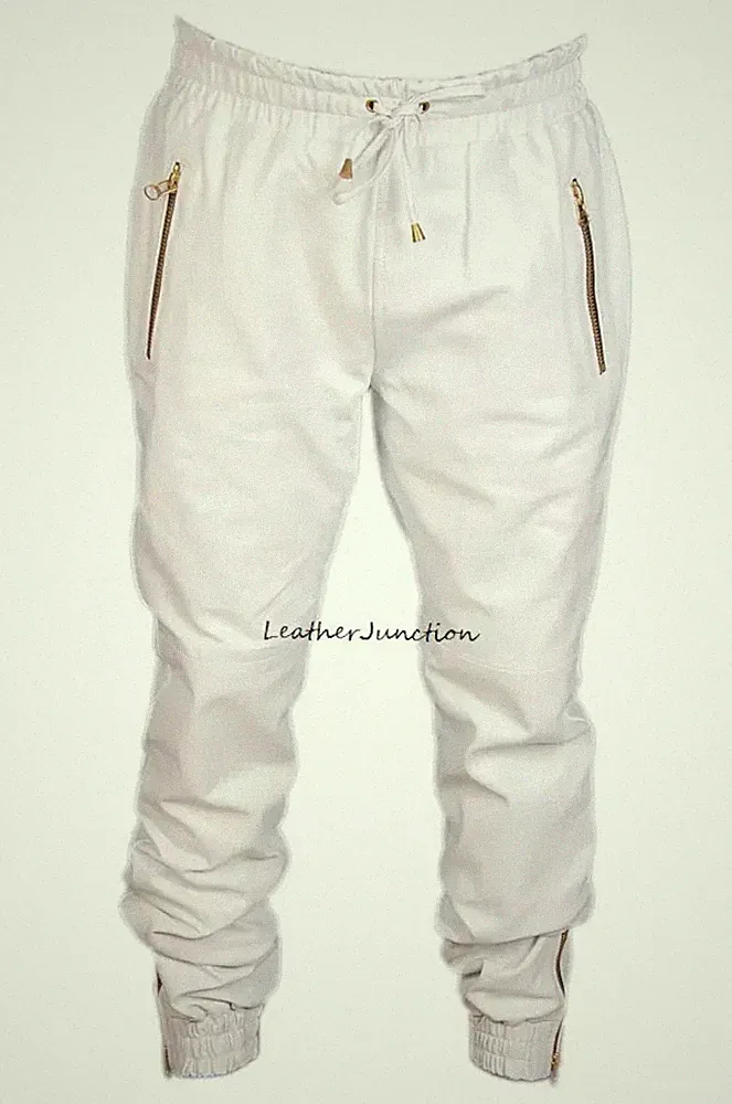 Neu Herren Weiß Leder Jogginghose Hose 100% Echt Lammleder Stil Moto Biker Hose