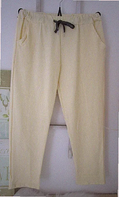 Neu Italy Damen Jogging Sweat Hose Jogpants Gestreift Freizeit Gelb-Weiß 46 48 S