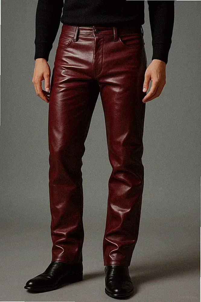 Neue Herren Burgunder Leder Sweat Jeans Hose | Echt Lammleder Leder Jeans 34.