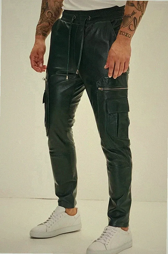 Neue Herren grüne Cargo Biker Lederhose | Echt Lammfell Leder Jogginghose Hose.