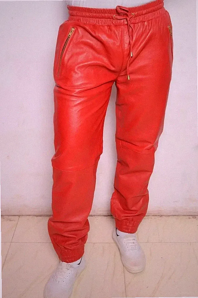 Neue rote Jogginghose aus Leder für Herren | Jogginghose aus echtem weichem...