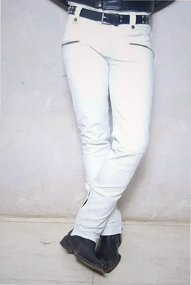 Neue weiße Biker-Lederhose für Herren. Echtes weiches Lammleder Jeans Hose 34.