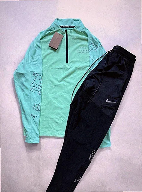 Nike Herren Lauf-Set 2-teilig M grün/schwarz Half-Zip Mesh atmungsaktiv