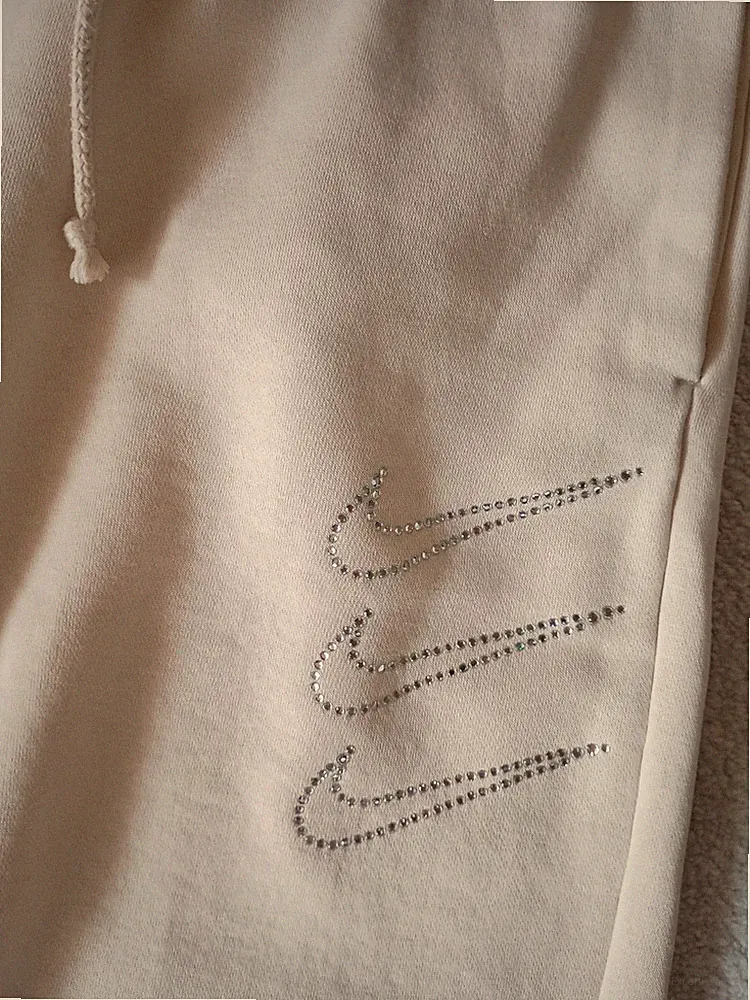 Nike Hose Jogginghose Freizeithose Gr M beige Strass Strasssteinchen silber!!!