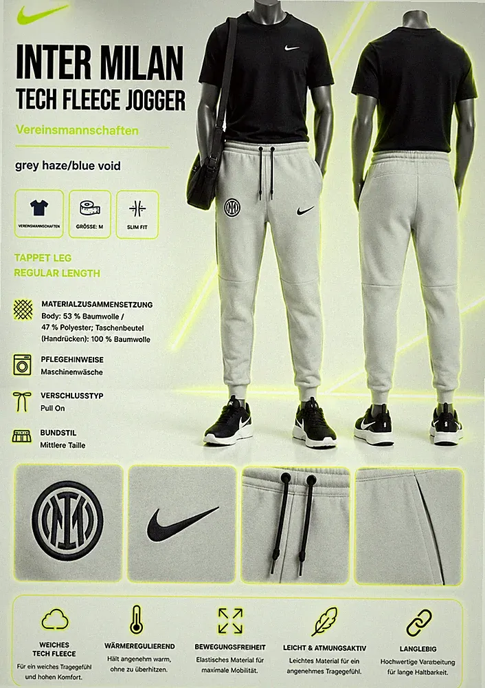 Nike Inter Mailand Tech Fleece Jogger Gr. M Grau Blau Slim Fit