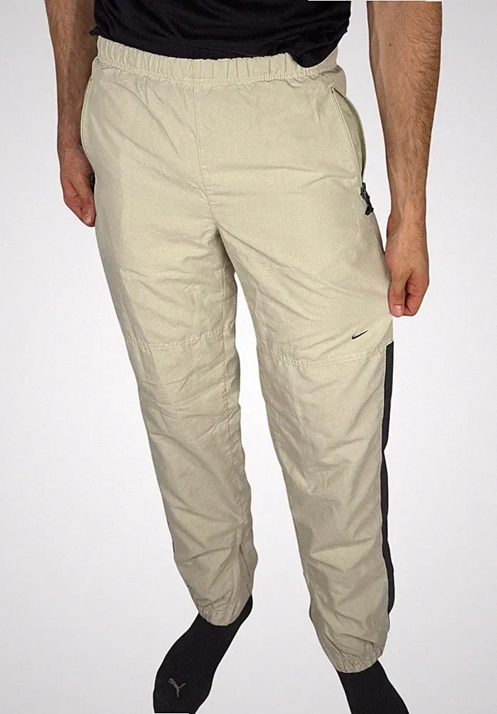 Nike Track Pants – Beige-Grau, Open-Leg Nylonhose, Herren M, Vintage Look