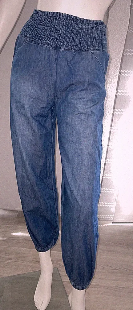 ONLY Damen Jeans Jogginghose Stoff Hose Chambray Schlupfhose Gummibund Blau (S)
