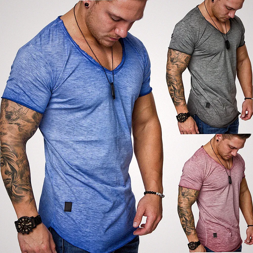 Oversize Herren Vintage T-Shirt Verwaschen V-Neck Basic V-Ausschnitt Shirt R0634