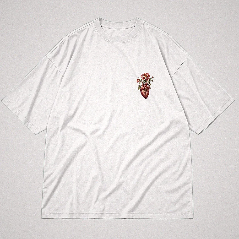 Oversize T-Shirt mit Herz und Blume unisex 100% Bauwolle