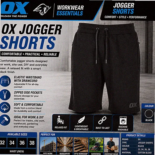 OX Jogginghose schwarz Workwear Cargo Style Arbeitsshorts Gr. 32-38