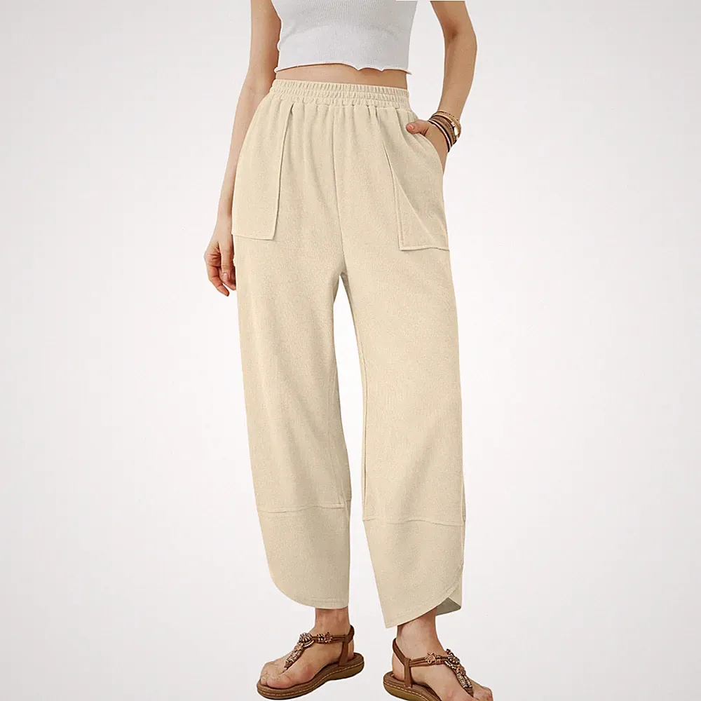 Palazzo-Jogginghose Damen Weites Bein Hoher Bund Beige XL Sweatstoff Hose