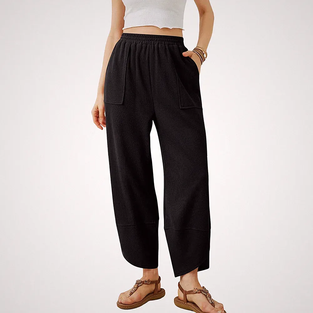 Palazzo Jogginghose Damen Weites Bein Hoher Bund Sweatpants Schwarz M