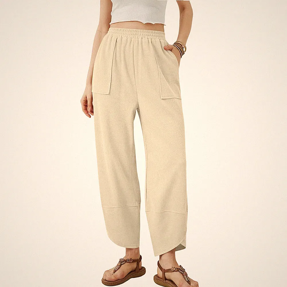 Palazzo-Jogginghose Damen Weites Bein Hoher Bund Sweatstoff Beige Gr. M
