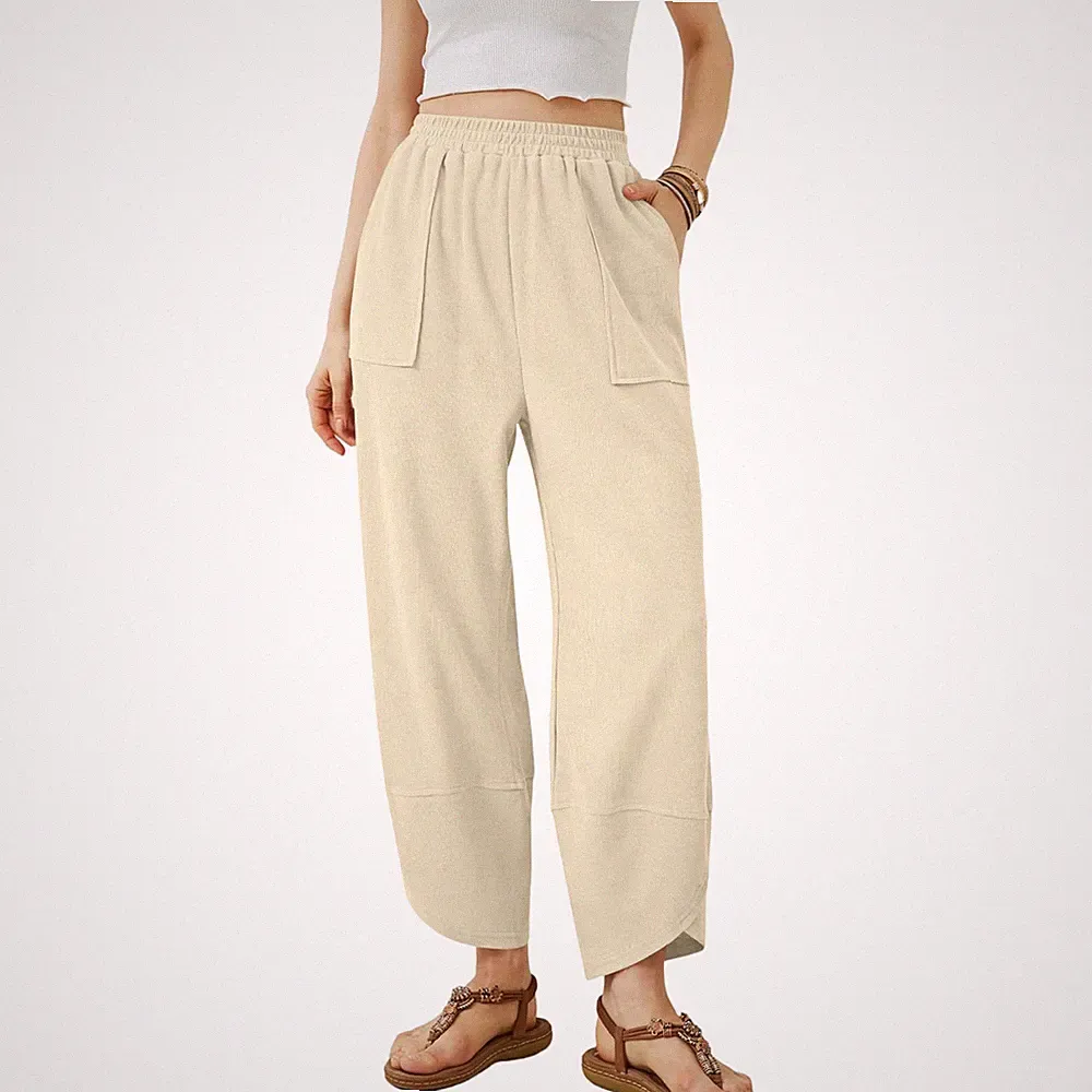 Palazzo-Jogginghose Damen Weites Bein Hoher Bund Sweatstoff Beige Gr. S