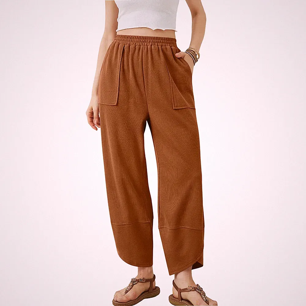 Palazzo-Jogginghose Damen Weites Bein Hoher Bund Sweatstoff Braun Gr. M